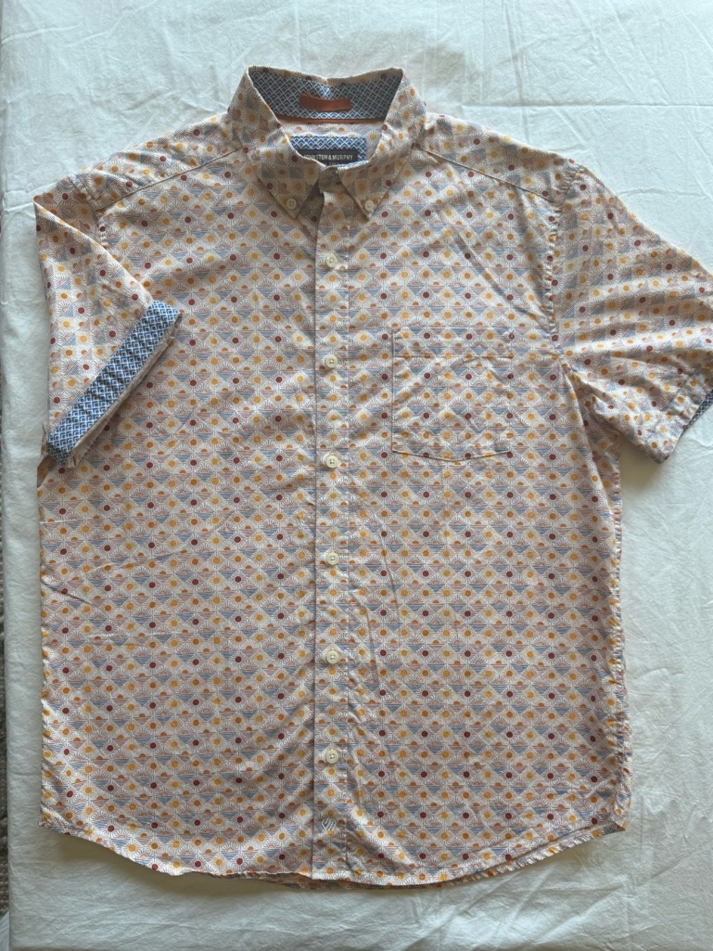 Johnston & Murphy Short Sleeve Button-Up in Orange and White Geometric